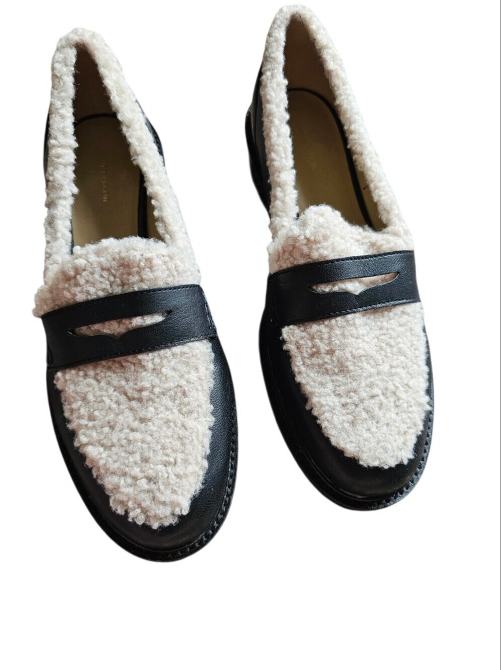 Ann Taylor Black Trim Cream Sherpa Leather Penny Loafers Size 9.5 - Picture 7 of 8